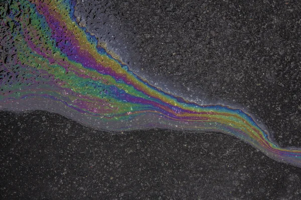 Brillante rivuleto iridescente da olio o benzina su strada asfaltata con fogliame appassito — Foto Stock