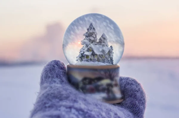 Дівчина в трикотажних рукавичках тримає скляний м'яч з ялинками, будинком і штучним снігом, що падає всередині м'яча з зимовим пейзажем на фоні — стокове фото