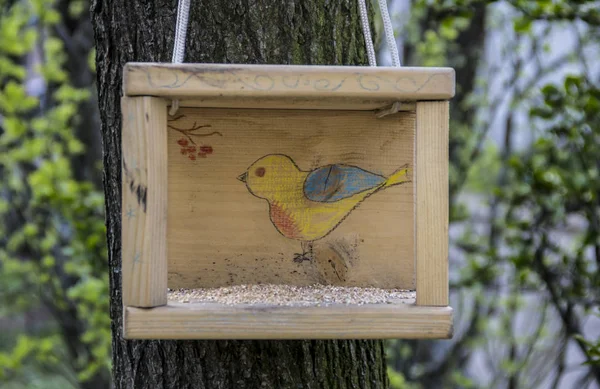 Una casetta per uccelli con un gesso che disegna un uccello giallo appeso ad un albero sullo sfondo della foresta — Foto Stock