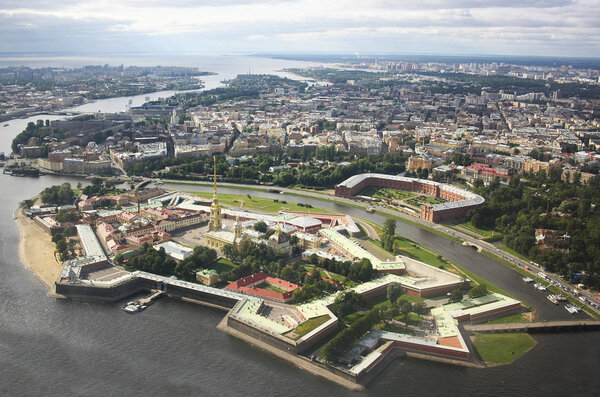 Bird's eye view of Peter and Paul Fortress, Museum of  artillery and the Neva river in Saint-Petersburg, Russia