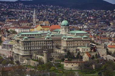 Buda tarafıyla Budapest Buda Kalesi ve Tuna Nehri üzerinde görüntülemek ve güneşli bir bahar günü Gellert Hill açısından ağaçları çiçek açan