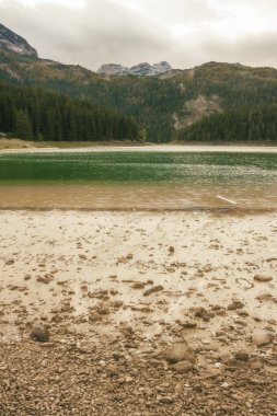 Karadağ, Avrupa 'daki Durmitor ulusal parkındaki buzul gölünün (Crno jezero), ormanın ve dağların farklı manzaraları