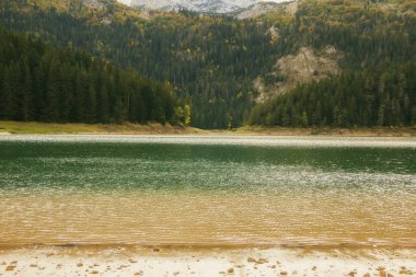Karadağ, Avrupa 'daki Durmitor ulusal parkındaki buzul gölünün (Crno jezero), ormanın ve dağların farklı manzaraları
