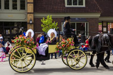 May 2, 2019, Pella, Iowa, USA. Tulip Time Festival Parade of Pella's dutch community, a festival dedicated to the citizens who immigrated from the Netherlands to America.