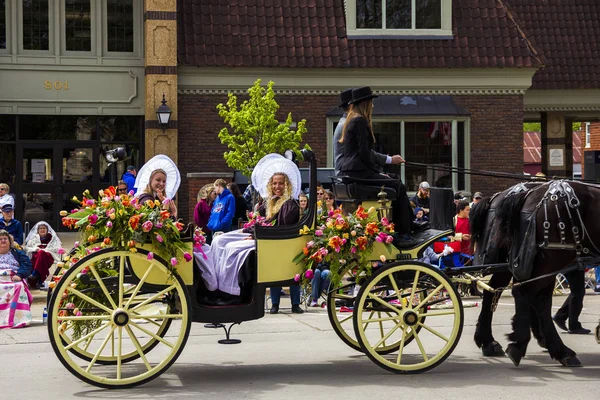 May 2, 2019, Pella, Iowa, USA. Tulip Time Festival Parade of Pella's dutch community, a festival dedicated to the citizens who immigrated from the Netherlands to America.