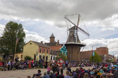 May 2, 2019, Pella, Iowa, USA. Tulip Time Festival Parade of Pella's dutch community, a festival dedicated to the citizens who immigrated from the Netherlands to America.