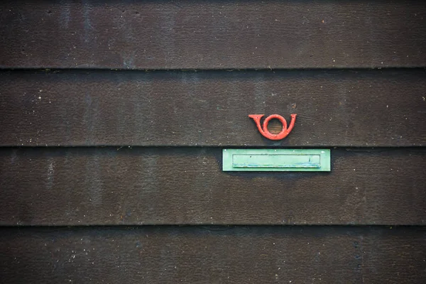 Green Mail Slot Red Horn Post Sign Black Wooden Board — Stock Photo, Image