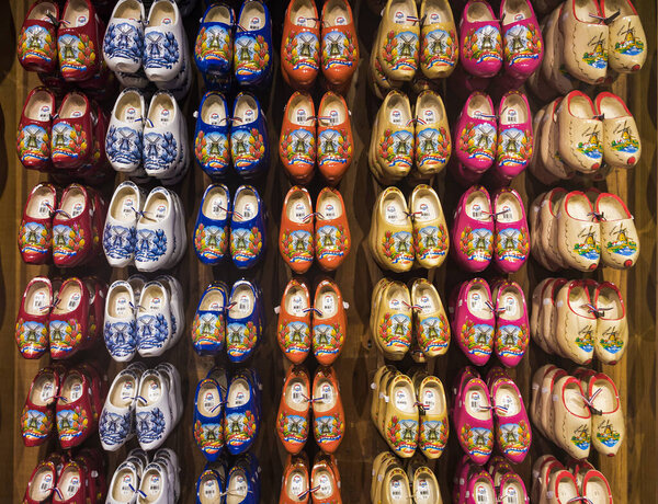 ZAANSE SCHANS, THE NETHERLANDS - 20.01.2020:  dutch wooden handmade clogs (shoes) in a souvenir shop