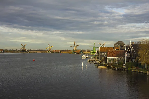 Zaanse Schans Zaandam Zaandijk Hollandia 2020 Január Történelmi Szélmalmok Zaanse — Stock Fotó