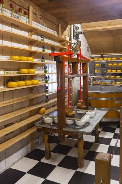 Eski bir mekanik peynir presi, plastik formlar ve mandıra.