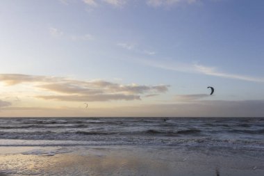 Günbatımında rüzgârlı bir kış gününde kuzey sahili manzarası, millet, uçurtma. Noordwijk, Hollanda