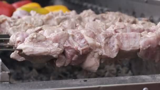 Des Morceaux Porc Sur Des Brochettes Tournent Sur Gril Cuisent — Video