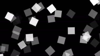 Farklı şeffaflığa sahip kareler şeklinde beyaz parçacıklar siyah arkaplan üzerinde rastgele hareket ediyor, bilgisayar hareket eden grafikler mini video klibi