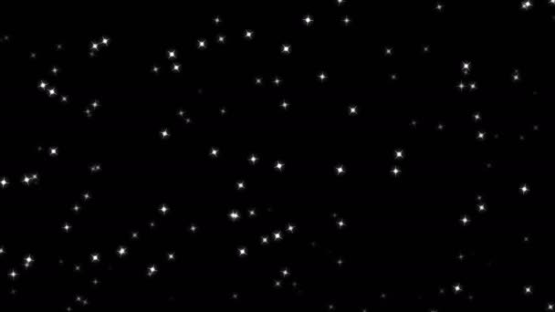 透明度の異なる星の形の白い粒子は ランダムに黒の背景に移動し コンピュータの移動グラフィックミニビデオクリップ — ストック動画