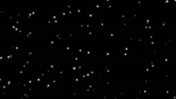 Particules blanches sous la forme d'étoiles avec une transparence différente se déplaçant aléatoirement sur un fond noir, ordinateur graphique mobile mini clip vidéo 