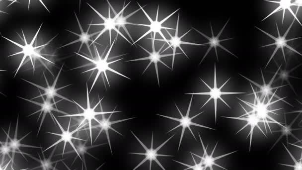 Vita Partiklar Form Stjärnor Med Olika Transparens Slumpmässigt Flytta Svart — Stockvideo
