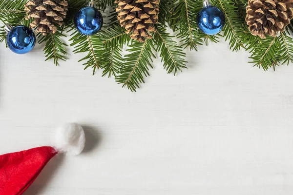 Christmas Decorations Santa Hat White Wooden Background — Stock Photo, Image