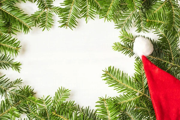 Christmas Decorations Santa Hat White Wooden Background — Stock Photo, Image