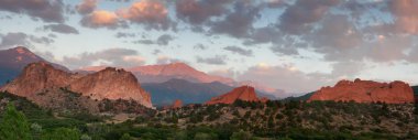 Panarama image of Garden of the Gods at sunrise in the summer clipart
