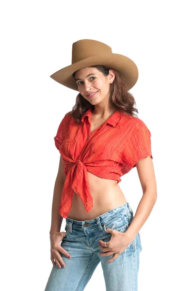 Sexy cowgirl z uśmiechem i goły brzuch — Zdjęcie stockowe