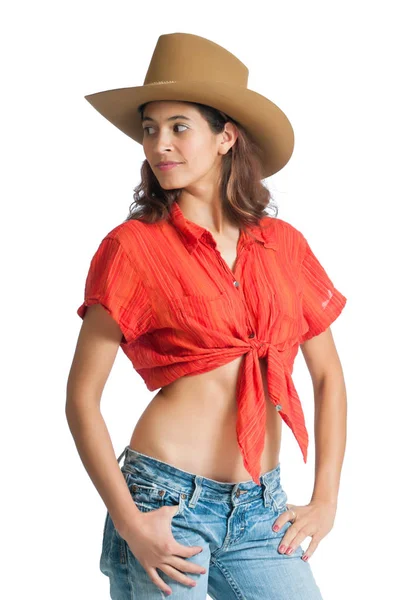 Sexy cowgirl with a smile and a bare midriff — Stock Photo, Image