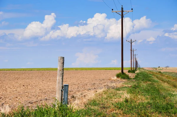 Elektriciteitslijnen doorkruisen het landelijke landschap in het centrum van Colorado. — Stockfoto