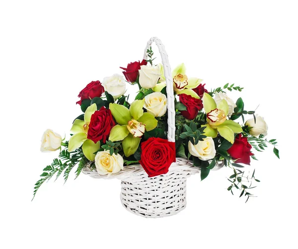 Basket of red and white roses and orchids — Stock Photo, Image