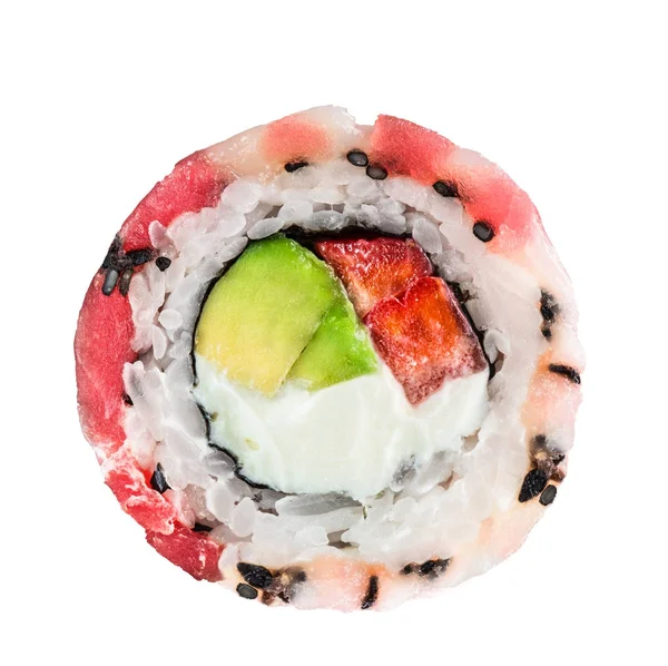 Roll with tuna, scallop, avocado and strawberry — Stock Photo, Image