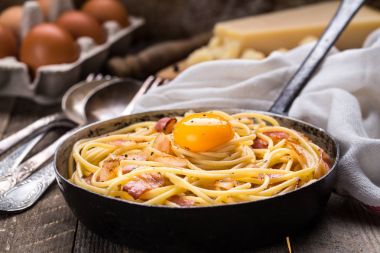 Pastırmalı makarna, yumurta ve peynir.