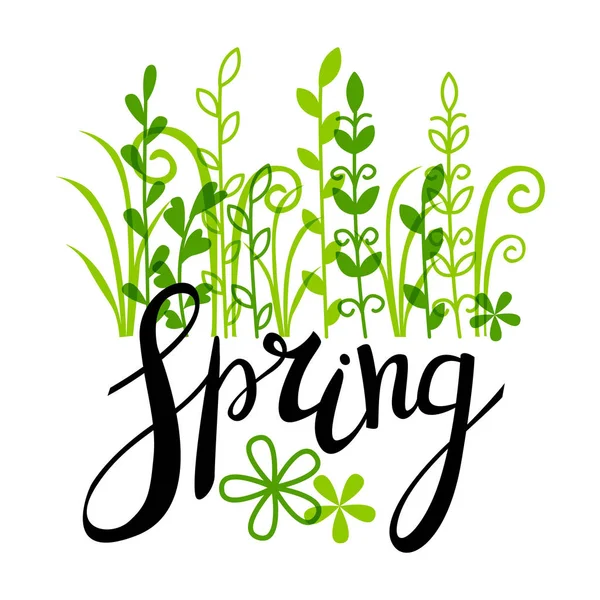 Lente belettering met groene planten — Stockvector