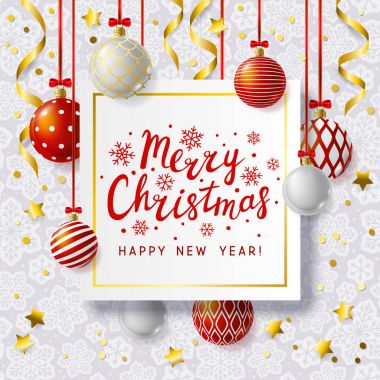 Kırmızı ve beyaz Noel topları ile Noel tebrik kartı