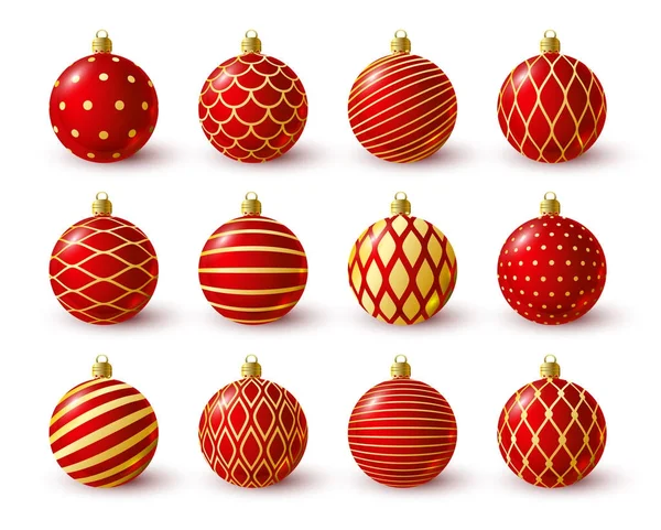 Set of Red Christmas balls with golden ornate — Stock Vector