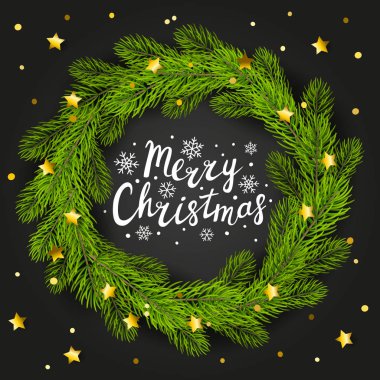 neşeli Noel metin ile yeşil Noel ağacı çelenk vektör çizim tasarımı