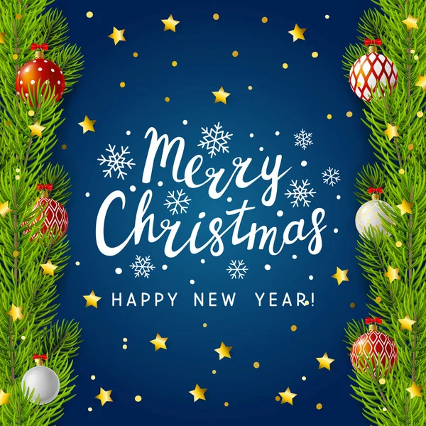 Noel ağacı dalları üzerinde mavi arka plan sınır