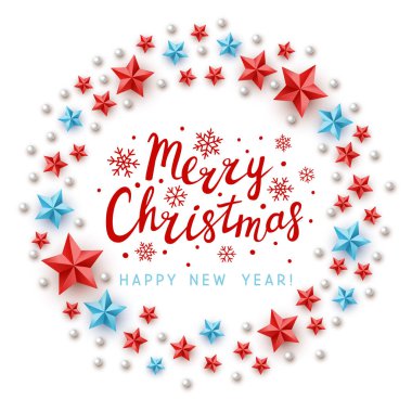 Beyaz arkaplanda kırmızı ve mavi yıldız dekoru olan Noel tebrik kartı