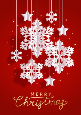 Kağıttan kar taneleri ve yıldızlı Noel tebrik kartı