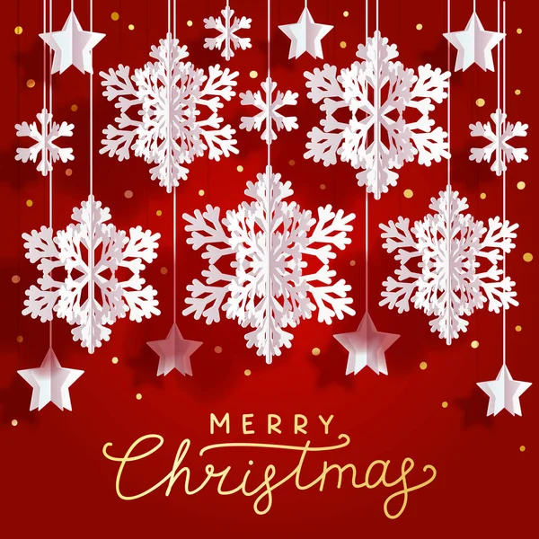 Weihnachtsgrußkarte Mit Papierschneeflocken Und Sternen Auf Rotem Hintergrund — Stockvektor