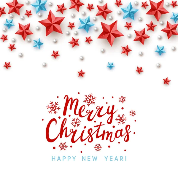 Χριστουγεννιάτικη Ευχετήρια Κάρτα Κόκκινο Και Μπλε Αστέρια Διακόσμηση Λευκό Φόντο — Διανυσματικό Αρχείο
