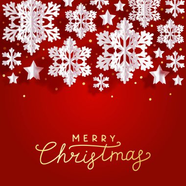 Kağıttan kar taneleri ve kırmızı arka planda yıldızlar olan Noel tebrik kartı