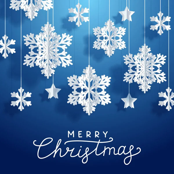Різдвяна Листівка Паперовими Сніжинками Зірками Синьому Фоні — стоковий вектор