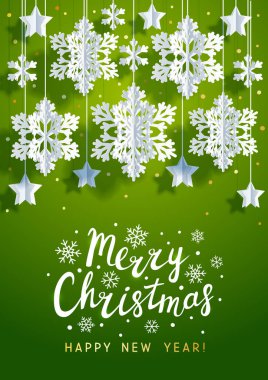 Kağıttan kar taneleri ve yıldızlı Noel tebrik kartı
