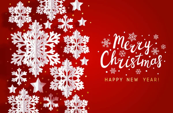 Carte Voeux Horizontale Noël Avec Flocons Papier Étoiles Sur Fond — Image vectorielle