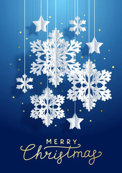 Weihnachten Vertikale Grußkarte Mit Papier Schneeflocken Und Sternen — Stockvektor