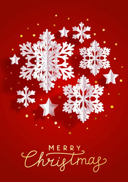 クリスマス垂直グリーティングカード紙の雪片と赤い背景の星 — ストックベクタ