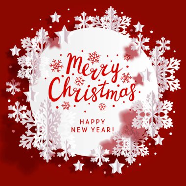 Kırmızı arka plan üzerinde kağıt kar taneleri yuvarlak çerçeve ile Noel tebrik kartı