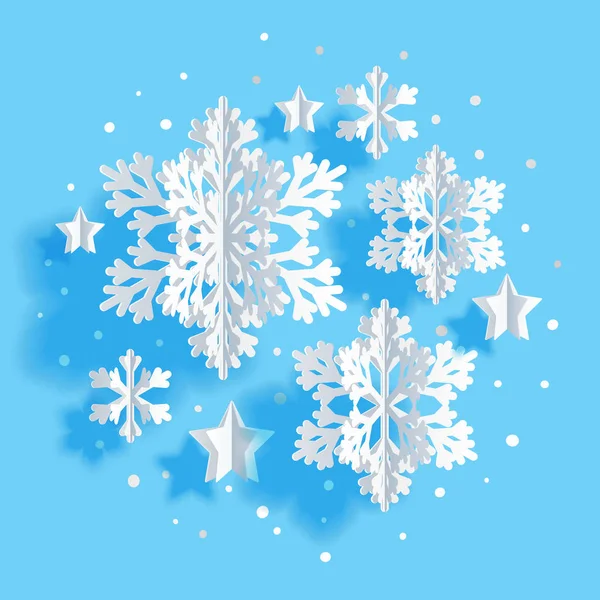 Christmas Greeting Card Paper Snowflakes Stars Blue Background — Stock Vector