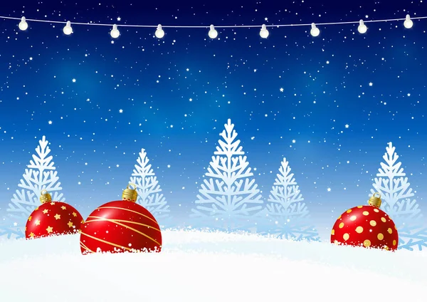 Ευχετήρια Κάρτα Μπάλες Χριστουγέννων Έναστρο Φόντο Νύχτα — Διανυσματικό Αρχείο