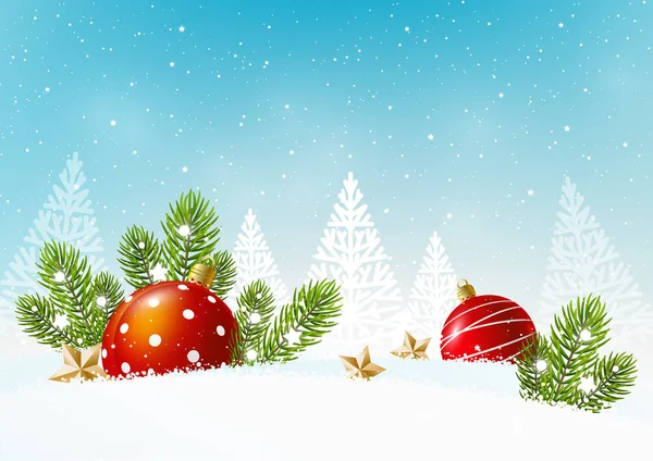 Greeting Card Christmas Ornate Balls Golden Stars Pine Branches — Stockvector
