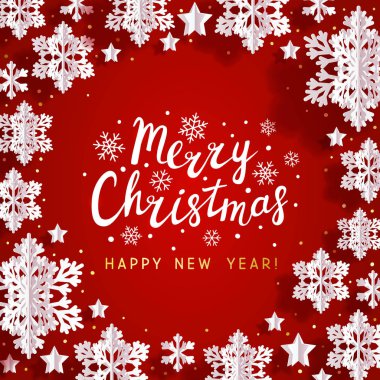 Kırmızı arkaplanda kar taneleri çerçevesi