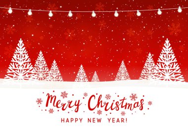 Kırmızı arka planda Noel ağaçları olan tebrik kartı 